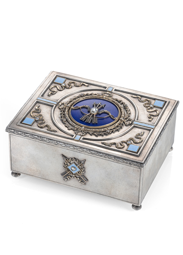 <b>Feine Neoklassizistische Silber-Schatulle mit Emailledekor und Diamantbesatz</b>