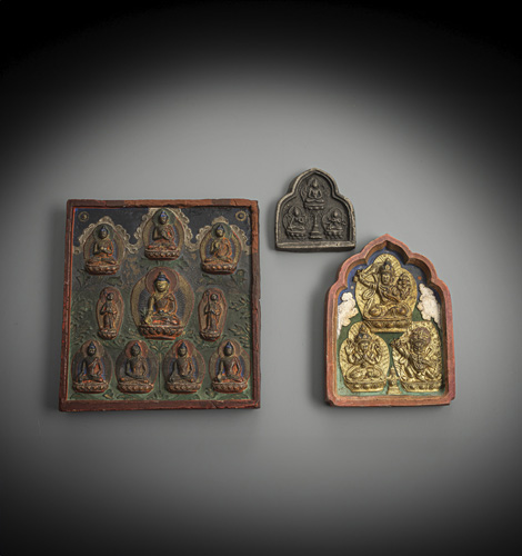 <b>THREE GILT AND COLOURED CLAY AMULETS, TSA.TSA</b>