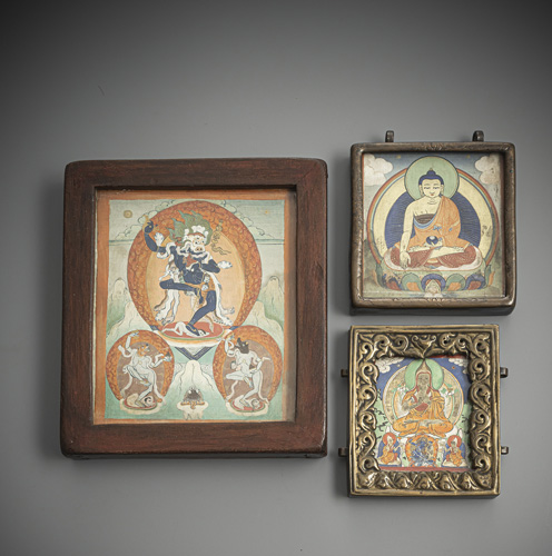<b>THREE MINIATURE PAINTINGS ON COTTON, TSAK.LI</b>