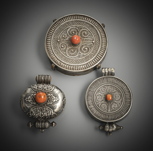 <b>THREE SILVER AND COPPER AMULET BOXES, GAHU</b>