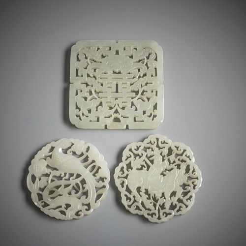 <b>Three fine carved light green jade pendants  with kirin, ohoenix or bat</b>