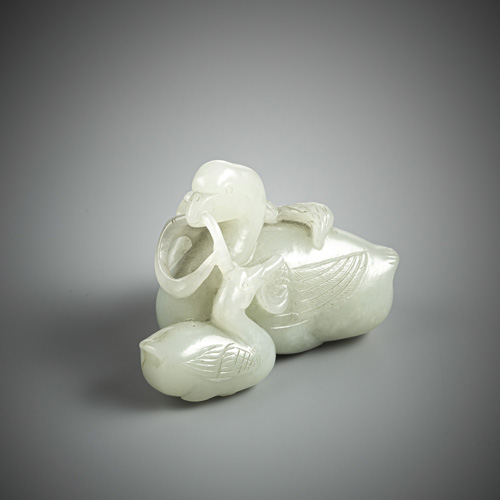 <b>A fine jade carving of a duck with its young with a millet branch</b>