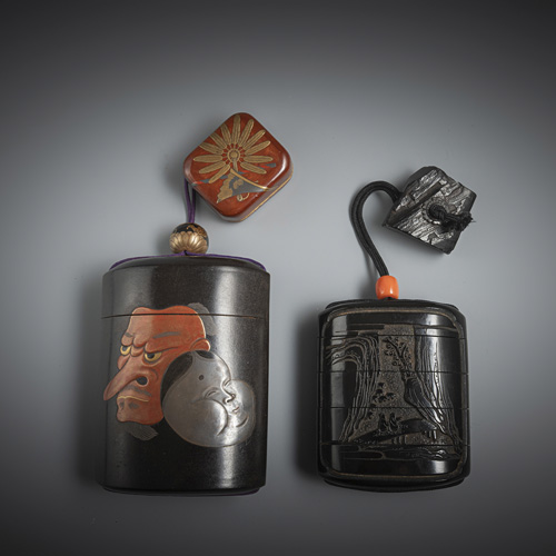 <b>A four-case inro made of lacquer and netsuke, clay kotus with mask decoration and netsuke, clay kotsu made of wood with netsuke</b>