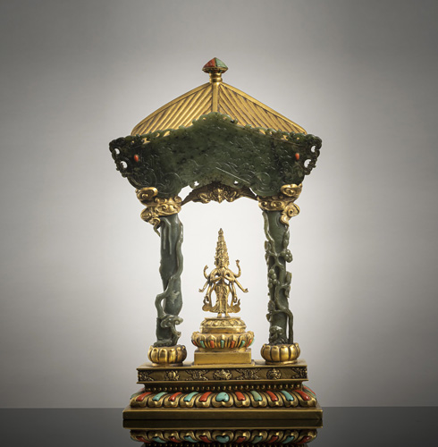 <b>A fine jade and gilt-bronze shrine</b>