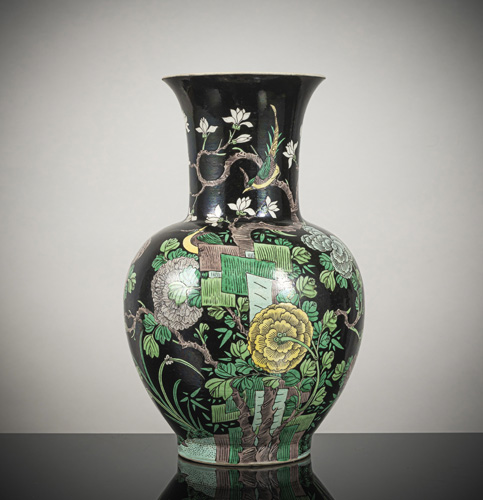 <b>A 'famille noir' peonies porcelain baluster vase</b> <b>A 'famille noir' peonies porcelain baluster vase</b>