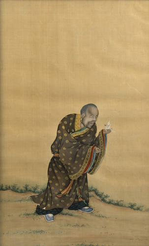 <b>Two Buddhist paintings depicting Guanyin and a Luohan with bird</b>