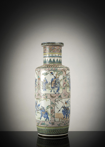 <b>A 'famille rose' porcelain rouleau vase with literary scenes on floral ground</b> <b>A 'famille rose' porcelain rouleau vase with literary scenes on floral ground</b>