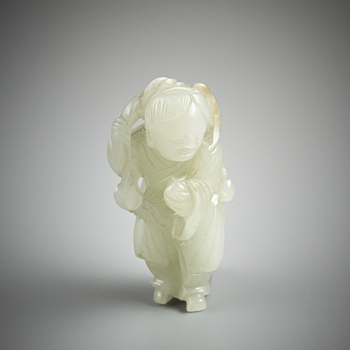 <b>Fine jade carving of a standing boy with a cash chain</b>