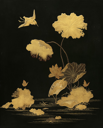 <b>Fine Lacquer Panel Depicting Herons at a Lotus Pond</b>