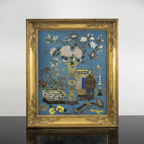 <b>A fine cloisonné panel with a still life with flower vase, antiques and fruit in an Empire frame</b>