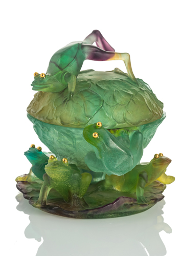 <b>Pate-de-Verre Deckeldose mit Fröschen</b>