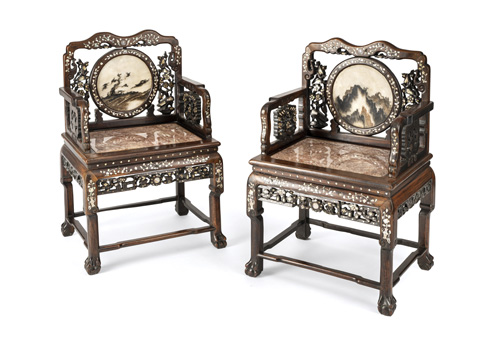 <b>A pair of mother-of-pearl-inlaid armchairs with inset marble seats and 'dreamstone' back tiles</b> <b>A pair of mother-of-pearl-inlaid armchairs with inset marble seats and 'dreamstone' back tiles</b>