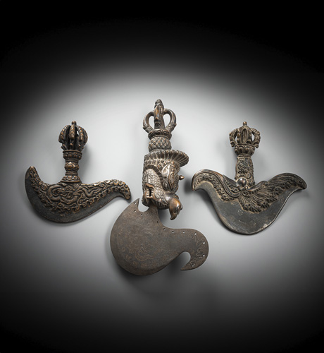 <b>THREE BRONZE AND COPPER RITUAL CHOPPERS, KARTTRIKA</b>