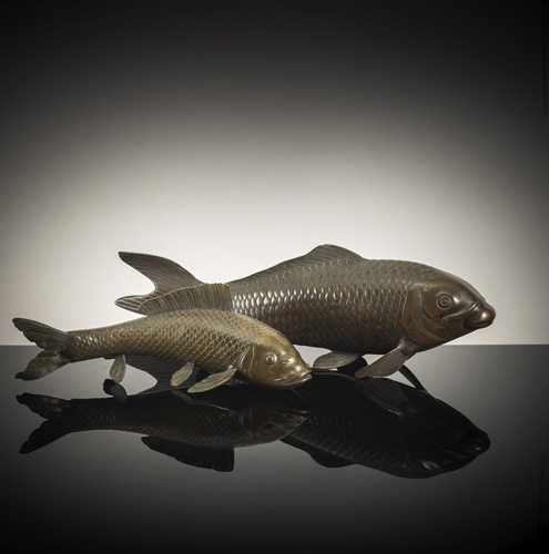 <b>Two bronze okimono of carps</b>