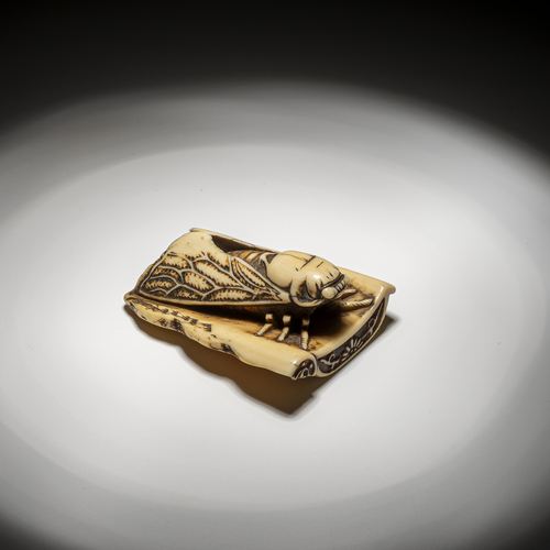 <b>Netsuke einer Zikade auf einem Dachziegel aus Elfenbein</b>