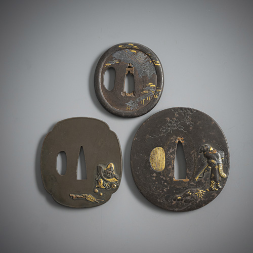 <b>Three tsuba: two made of iron, one in shubuichi</b>
