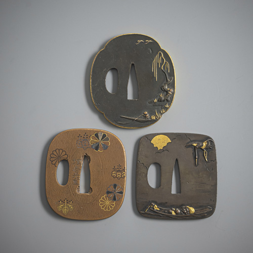 <b>Three tsuba, copper, two in shubuichi</b>