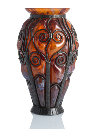 <b>Grosse Jugendstil Vase 'Verre de Jade' mit Eisenmontierung</b>