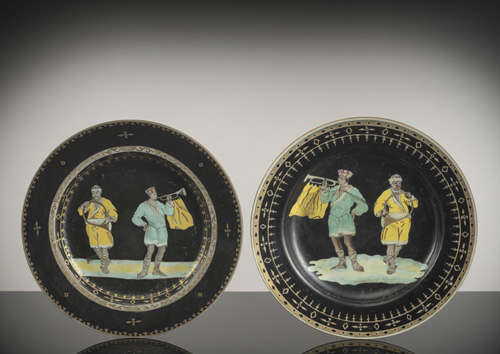 <b>Two rare black-ground 'Trumpeter' plates</b> <b>Two rare black-ground 'Trumpeter' plates</b>