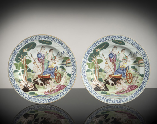 <b>A pair of rare 'Famille rose' mythological subject 'four elements' plates</b> <b>A pair of rare 'Famille rose' mythological subject 'four elements' plates</b>