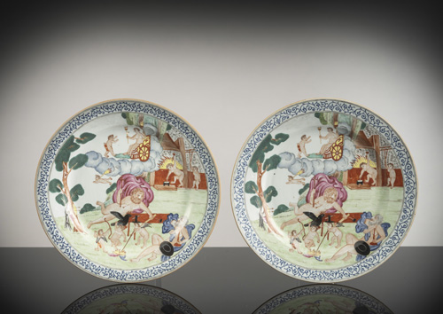 <b>A Pair of rare “Famille rose” plates with a mythological theme of the “Four Elements”</b> <b>A Pair of rare “Famille rose” plates with a mythological theme of the “Four Elements”</b>