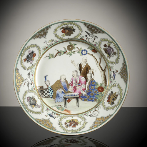 <b>An excellently preserved and finely decorated export plate 'The doctor's visit' after a design by Cornelis Pronk (1691 - 1759) commissioned by the VOC</b> <b>An excellently preserved and finely decorated export plate 'The doctor's visit' after a design by Cornelis Pronk (1691 - 1759) commissioned by the VOC</b>
