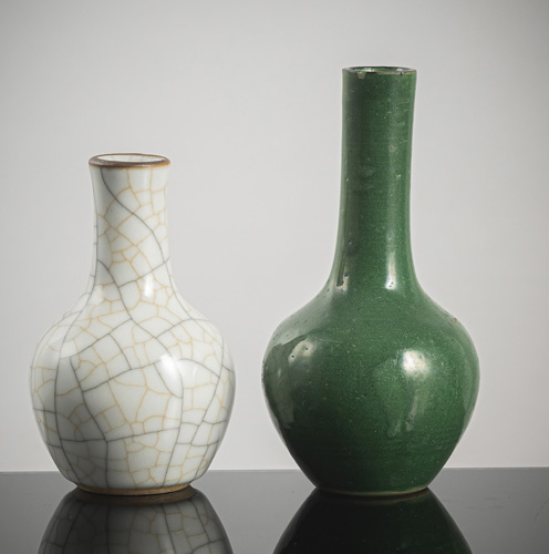 <b>Two miniature vases with green and crackled glaze</b>