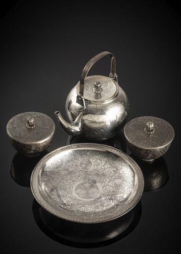 <b>A silver tea service with Tokugawa coat of arms with bowl,  teapot and cover and two bowls and covers</b>