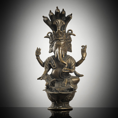 <b>Bronze oil lamp with Ganesha, Ganesha with Naga and incense burner</b>
