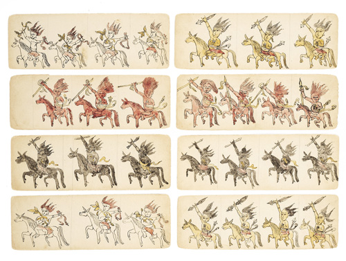 <b>Group of eight drawings depicting horsemen of the four times seven dBud</b>