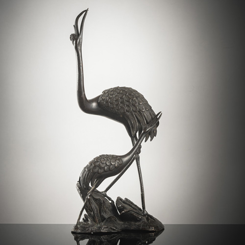 <b>Bronze group depicting two cranes with an integrated koro</b>