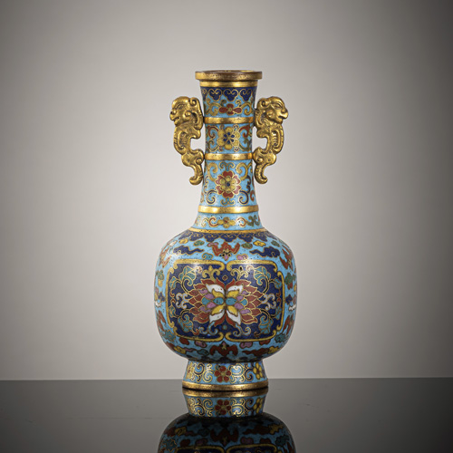 <b>A small cloisonné-enamelled bottle vase with mythological beast handles</b>