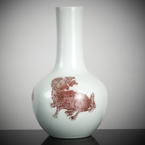 <b>A  porcelain vase with copper-red decorated mythical creatures</b>