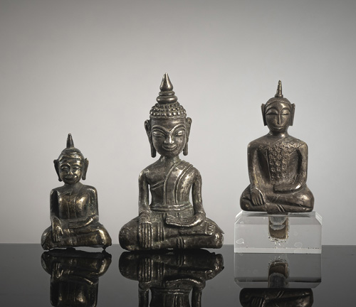 <b>THREE LOW-ALLOY SILVER FIGURINES OF BUDDHA SHAKYAMUNI</b>