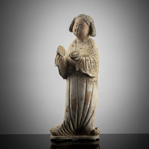 <b>A polychrome-painted earthenware figure of a standing court lady or 