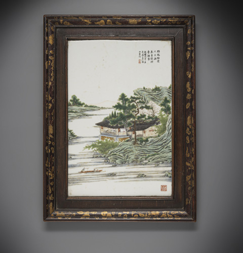 <b>A polychrome glazed porcelain tile depicting a landscape and inscribed with a poem inscription in wooden frame</b> <b>A polychrome glazed porcelain tile depicting a landscape and inscribed with a poem inscription in wooden frame</b>
