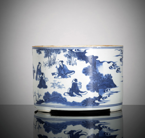 <b>A blue and white incense burner or porcelain brush pot with decoration of the 'Seven Sages in the Bamboo Grove'</b>