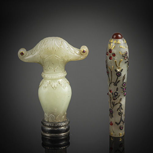 <b>Two fine jade handles in Mughal-style with inlays</b>