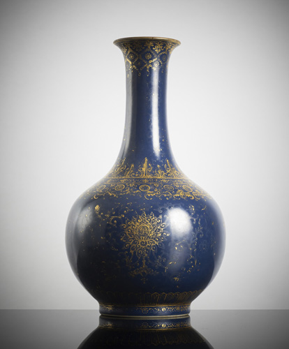 <b>A fine powder blue glazed porcelain bottle vase with gold painting</b>