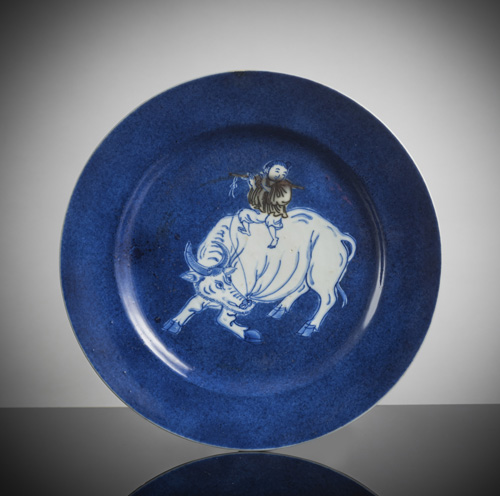 <b>Rare powder blue glazed plate with a herdboy on a water buffalo</b>
