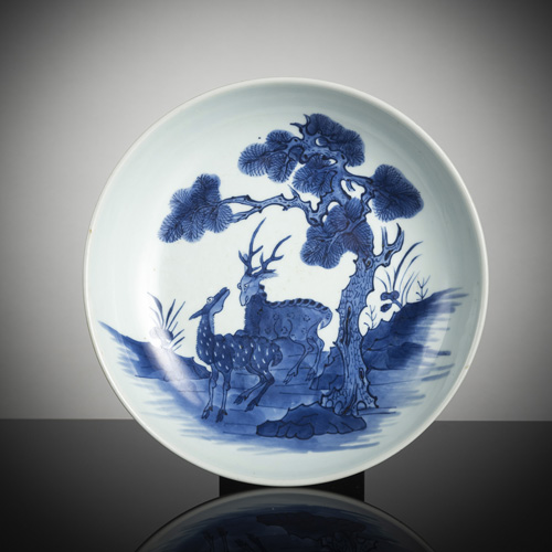 <b>Underglaze blue decorated bowl with deer and stag under a pine tree</b>
