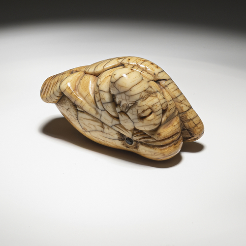 <b>Elfenbein-Netsuke des Kadori Myojin auf Namazu (Wels)</b>