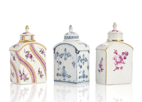 <b>THREE MEISSEN FLORAL PAINTED TEA CADDIES</b> <b>THREE MEISSEN FLORAL PAINTED TEA CADDIES</b>