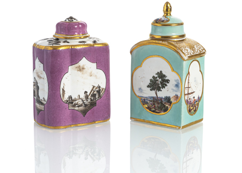 <b>Zwei Teedosen mit Kauffahrtei-Szenen</b>