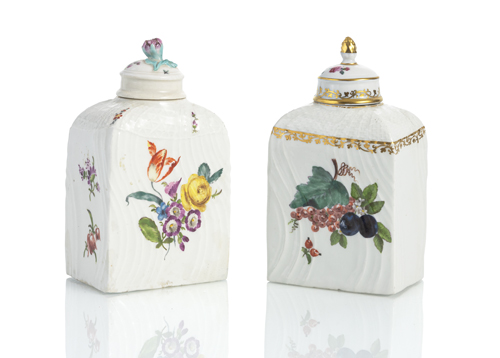 <b>TWO MEISSEN FLORAL AND FRUIT PAINTED TEA CADDIES</b> <b>TWO MEISSEN FLORAL AND FRUIT PAINTED TEA CADDIES</b>