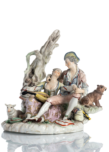 <b>A LUDWIGSBURG PORCELAIN GROUP OF A PAIR OF SHEPHERDERS WITH DOG AND LAMB</b> <b>A LUDWIGSBURG PORCELAIN GROUP OF A PAIR OF SHEPHERDERS WITH DOG AND LAMB</b>