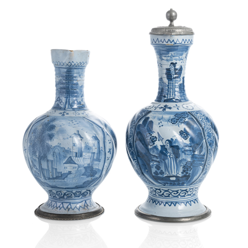 <b>Zwei große Enghalskrüge mit Landschafts- und Figurendekor</b>