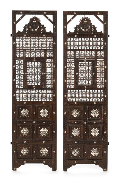 <b>A TWO-PANEL CARVED AND PIERCED WOOD SCREEN PARTLY INLAID WITH MOTHER-OF-PEARL</b>