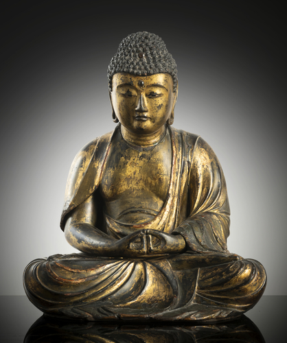 <b>VERGOLDETE UND SCHWARZ LACKIERTE HOLZFIGUR DES BUDDHA AMIDA</b> <b>VERGOLDETE UND SCHWARZ LACKIERTE HOLZFIGUR DES BUDDHA AMIDA</b>