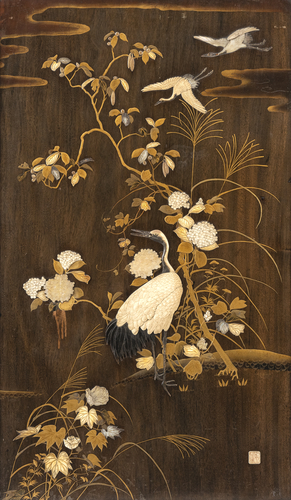 <b>Shibayama-Lackpaneel mit Darstellung von Kranichen und Blumen</b>